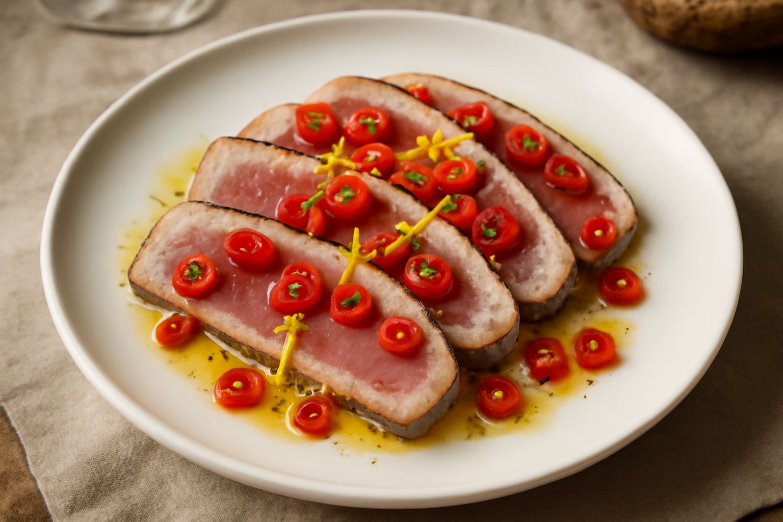 Filetto di tonno rosso grigio e rosa, affettato in fette spesse, disposto a ventaglio nel piatto bianco con peperoncini rossi affettati, limone fresco e gocce d'olio d'oliva lucido, su fondo di erbe a