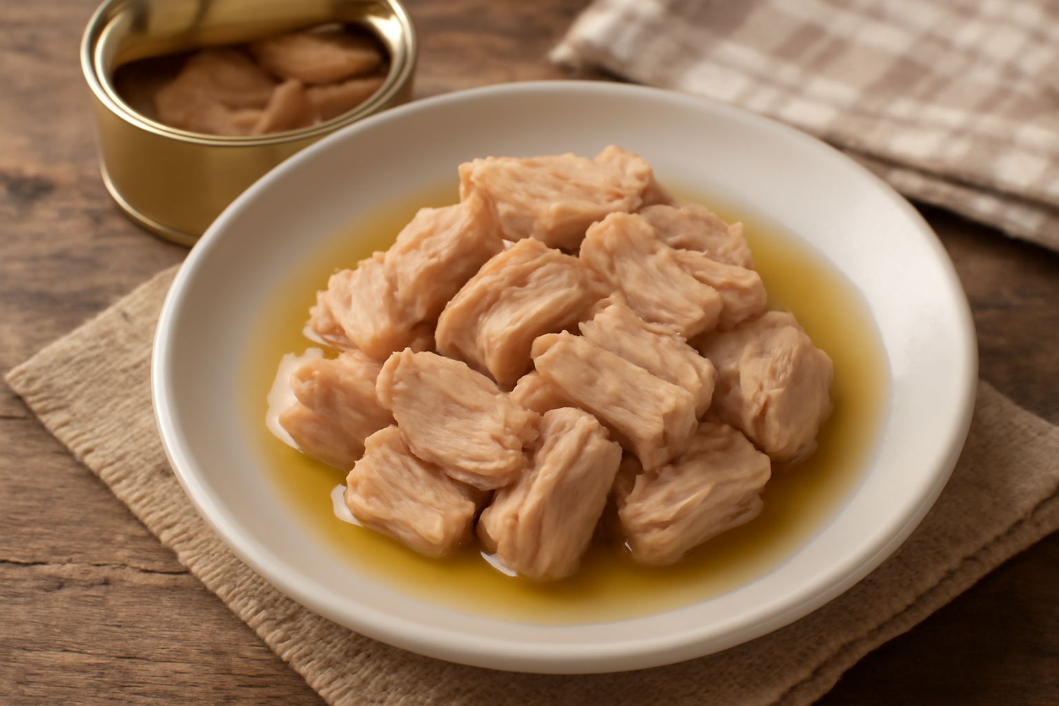 Lattina di tonno sott'olio aperta, con filetti color rosa pallido visibili sott'olio trasparente, posta su tavolo di legno bianco accanto a fette di pane tostato e limone affettato