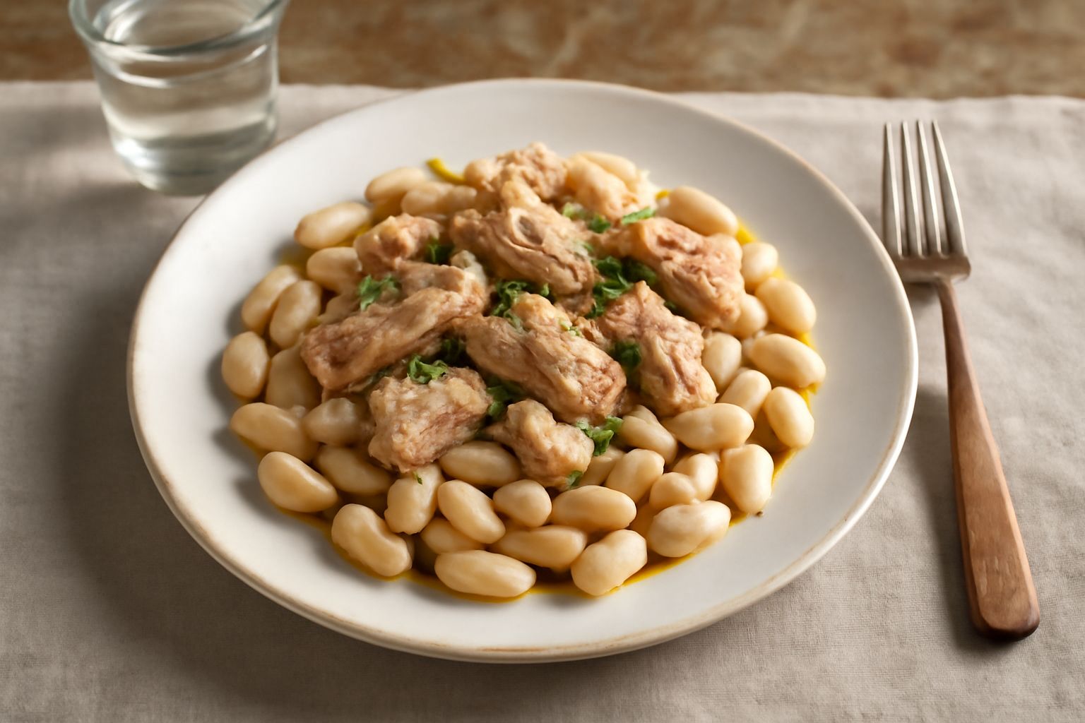 Ciotola bianca con tonno sott'olio sminuzzato, fagioli bianchi e rossi, cipolla rossa affettata e olio d'oliva fresco, posata su tavolo di legno naturale con limone intero