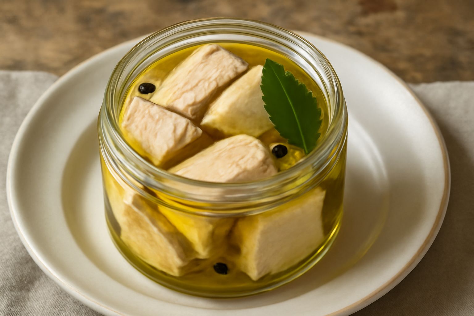 Tonno candido e compatto in vaso di vetro trasparente riempito di olio dorato, con foglie di alloro e pepe nero visibili, su tavolo di legno chiaro con pane tostato accanto