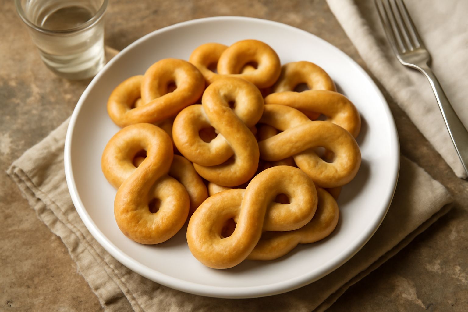 Una decina di torcetti a forma di nodo, color nocciola dorato, disposti su un piatto bianco con fondo azzurro. Biscotti lisci e brillanti, leggermente spolverati di zucchero semolato.