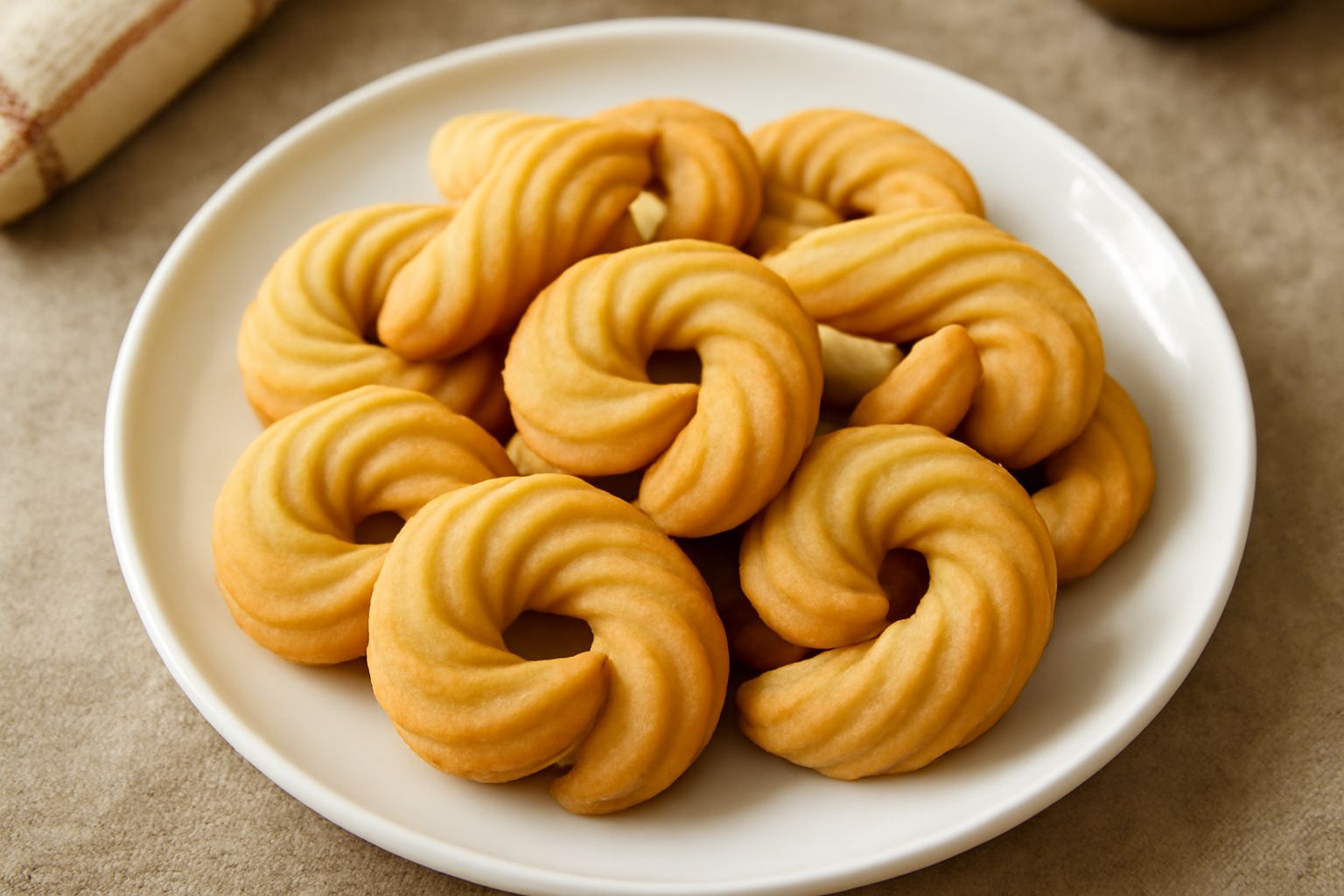 Torchietti dorati disposti su piatto bianco, forma a spirale compatta, superficie lucida e croccante, leggermente spolvirati di zucchero semolato