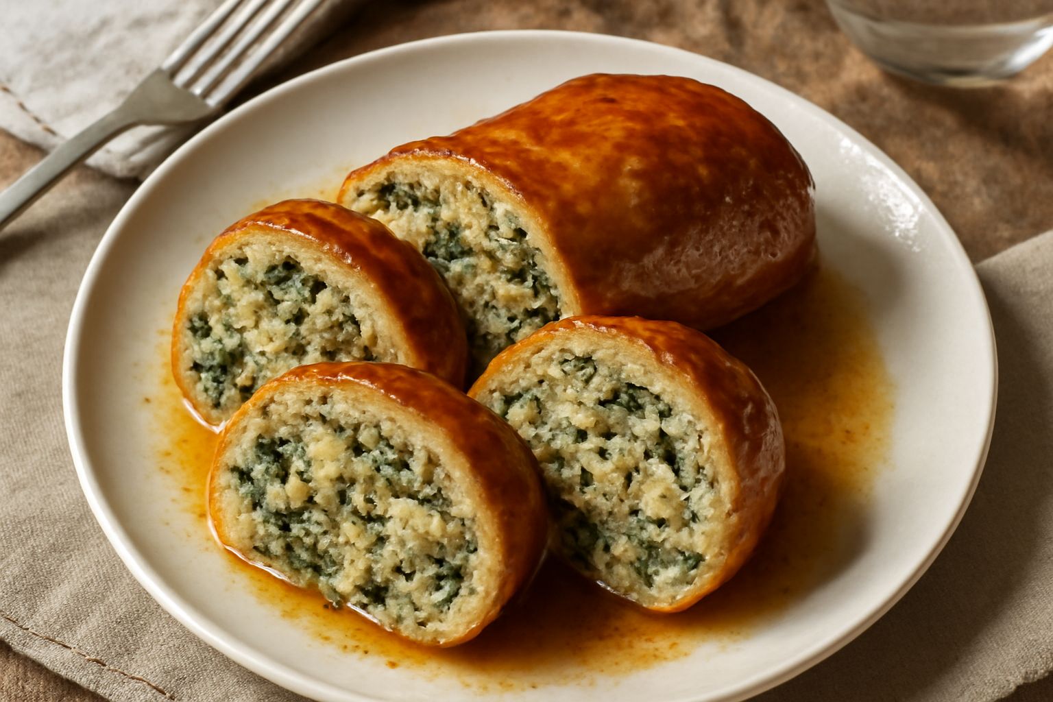 Torcin caldo appena uscito dal forno, dorato in superficie, tagliato a fette spesse che mostrano il ripieno di verdure e formaggio, servito in un piatto bianco con contorno di salsa leggera
