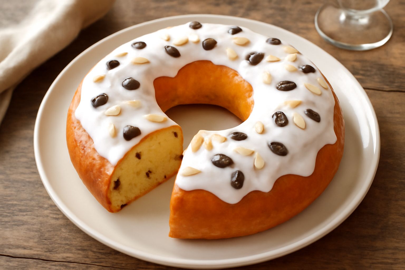 Torcolo dorato a forma di ciambella con glassa bianca, uvetta nera e pinoli sparsi sulla superficie, tagliato a fette su piatto bianco con caffè di lato