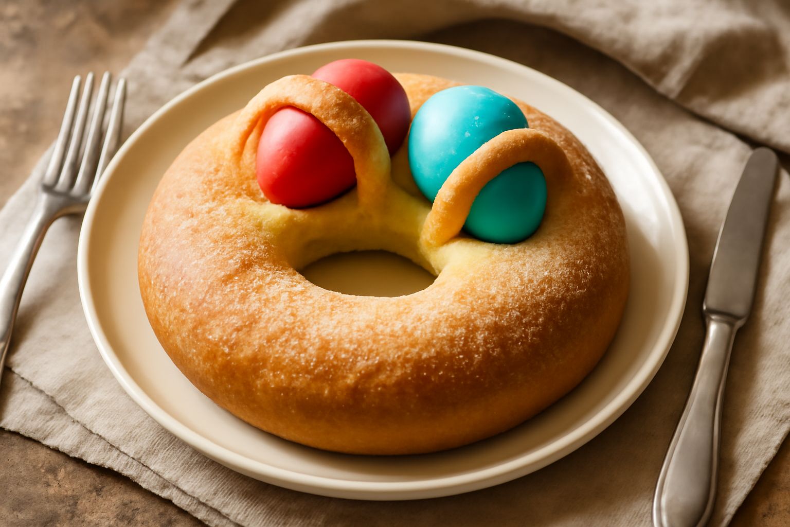 Torcolo di Pasqua a forma di ciambella dorata e soffice, con uova sode decorate in guscio colorato appoggiate sulla superficie, guarnito con frutta candita morbida e zucchero semolato croccante, dispo