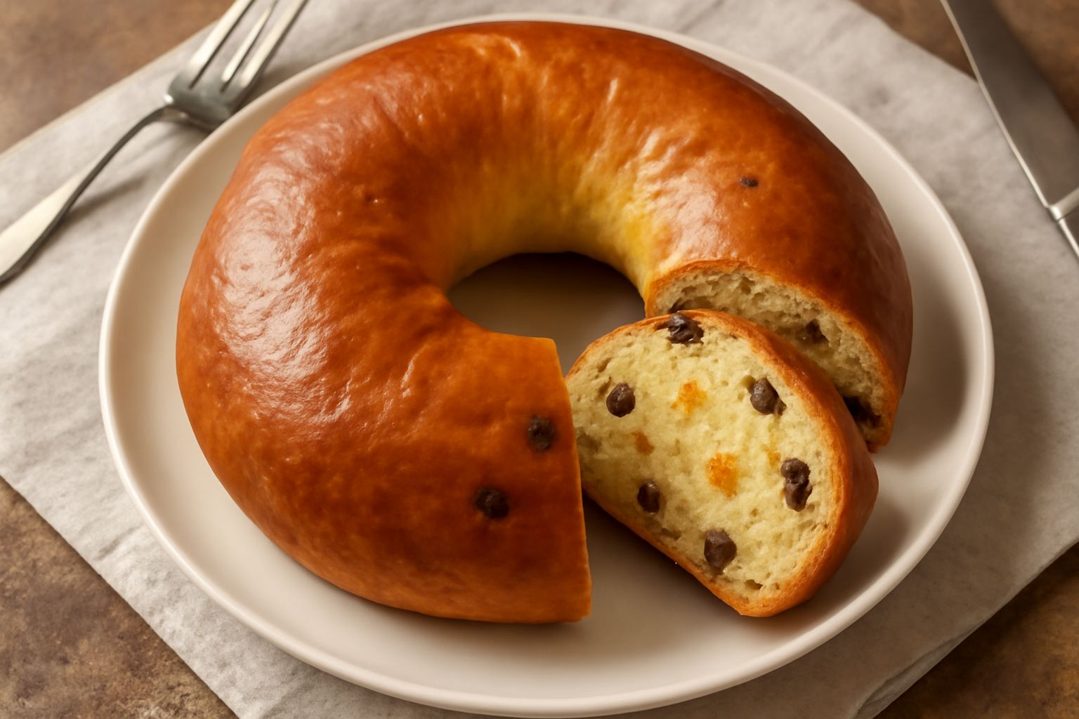 Torcolo dolce affettato su piatto bianco, sezione che mostra mollica soffice color oro con pezzi di uvetta scura e frutta candita, profilo della forma rotonda e crosta dorata