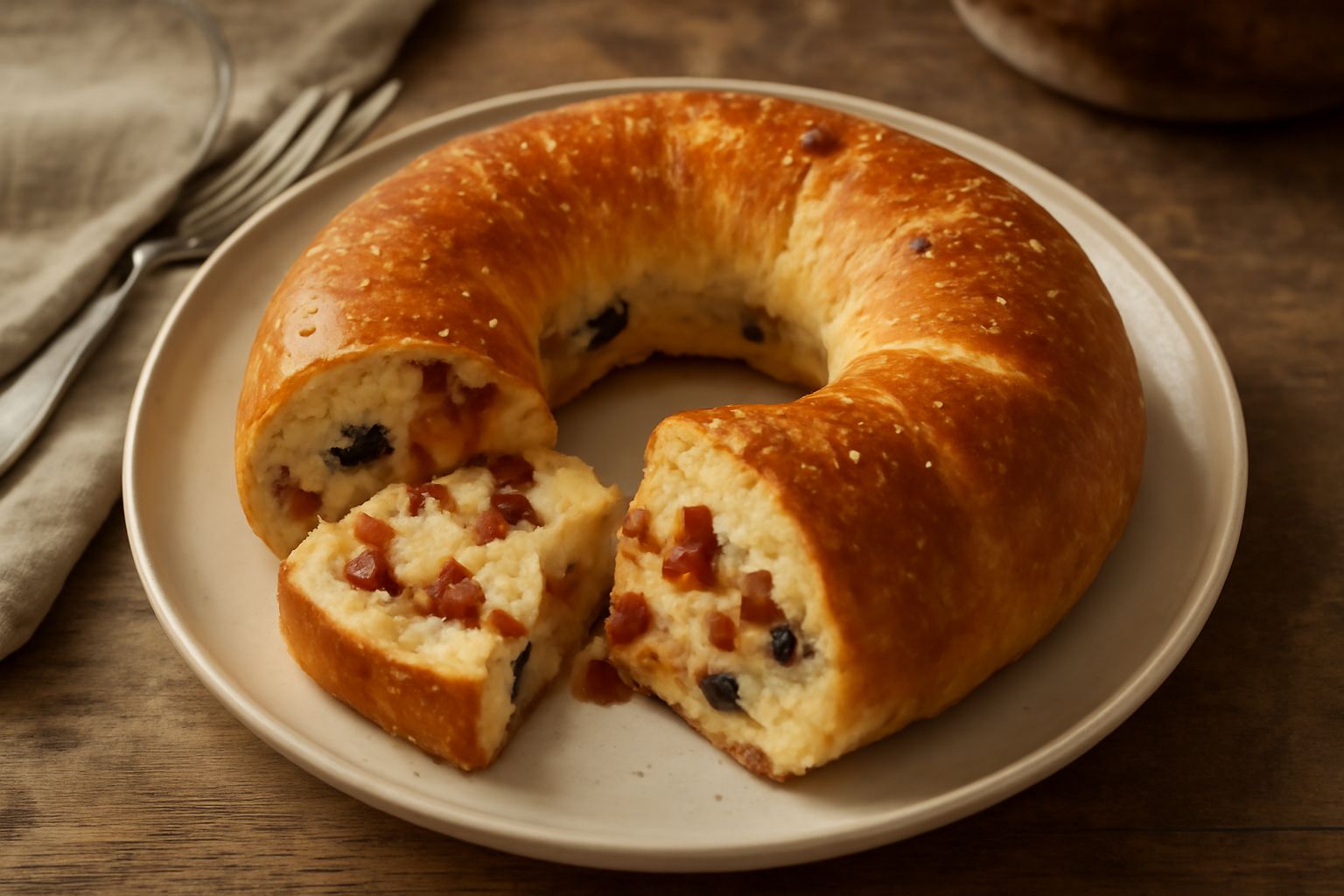 Torcolo salato a forma di ciambella, dorato in superficie con sfogliature di sale, affettato per mostrare l'interno morbido ripieno di cubetti di formaggio e pancetta croccante, posato su una tavola d