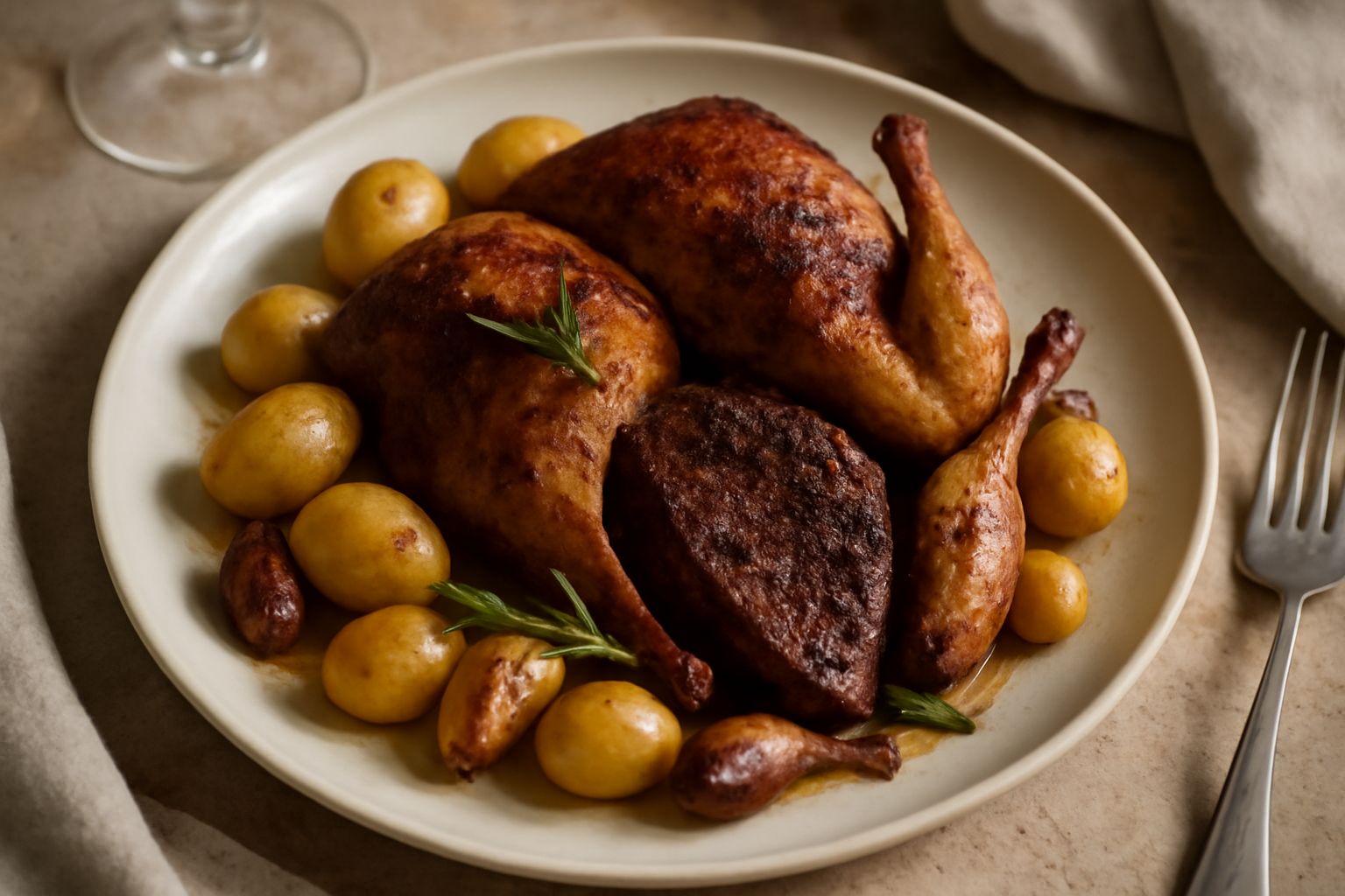 Tordela arrosto dorata in tegame di ghisa con rosmarino, salvia e aglio, accompagnata da patate piccole e cipollotti caramellati