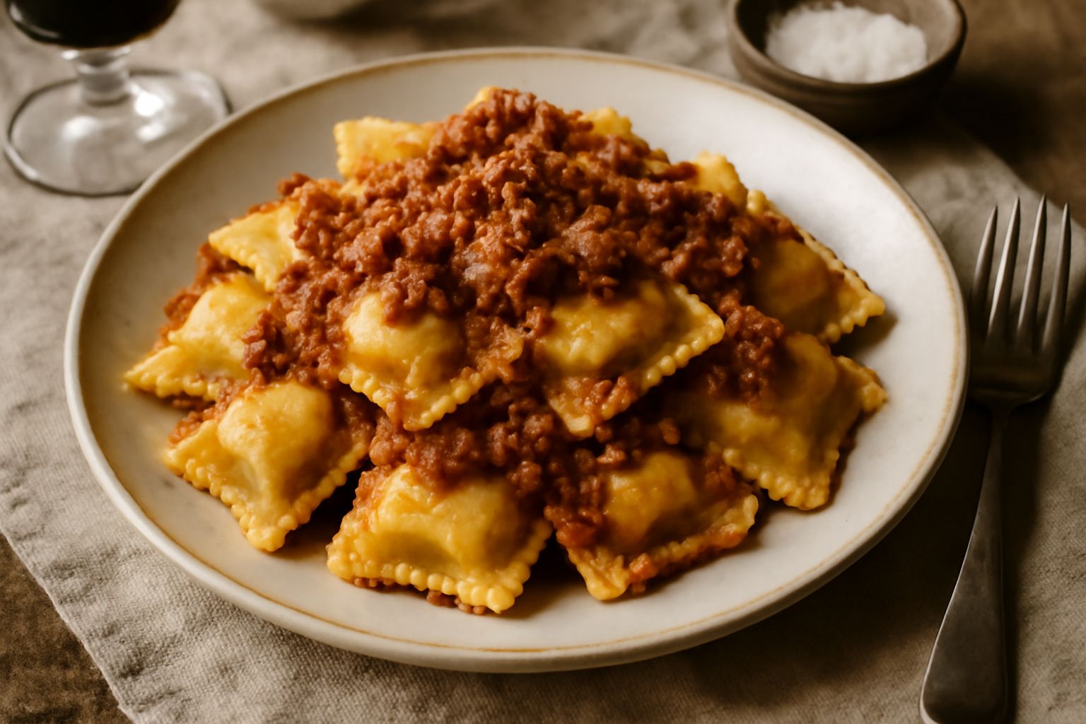 Tordelli cotti in un piatto bianco, conditi con ragù di carne brunastro e grattugia di parmigiano, su sfondo di tavolo in legno chiaro