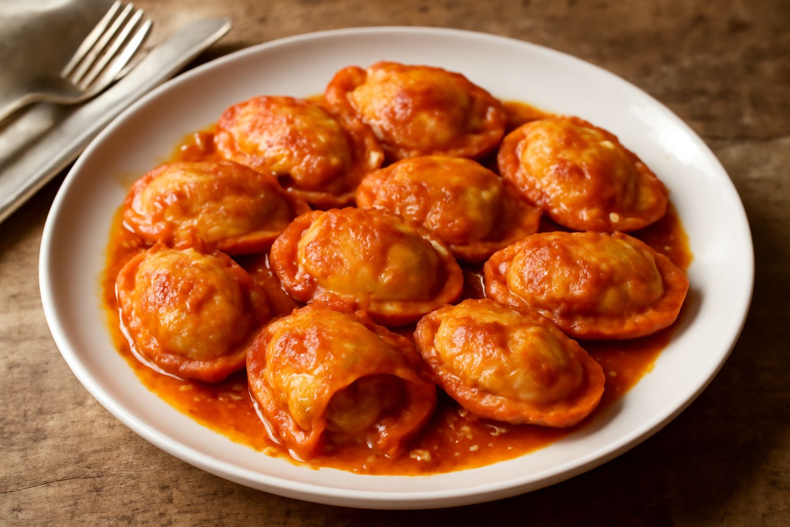 Tordelli di carne appena cotti nel piatto, di forma ovale, ricoperti di sugo rosso, guarniti con parmigiano grattugiato e prezzemolo fresco, vapore ancora visibile