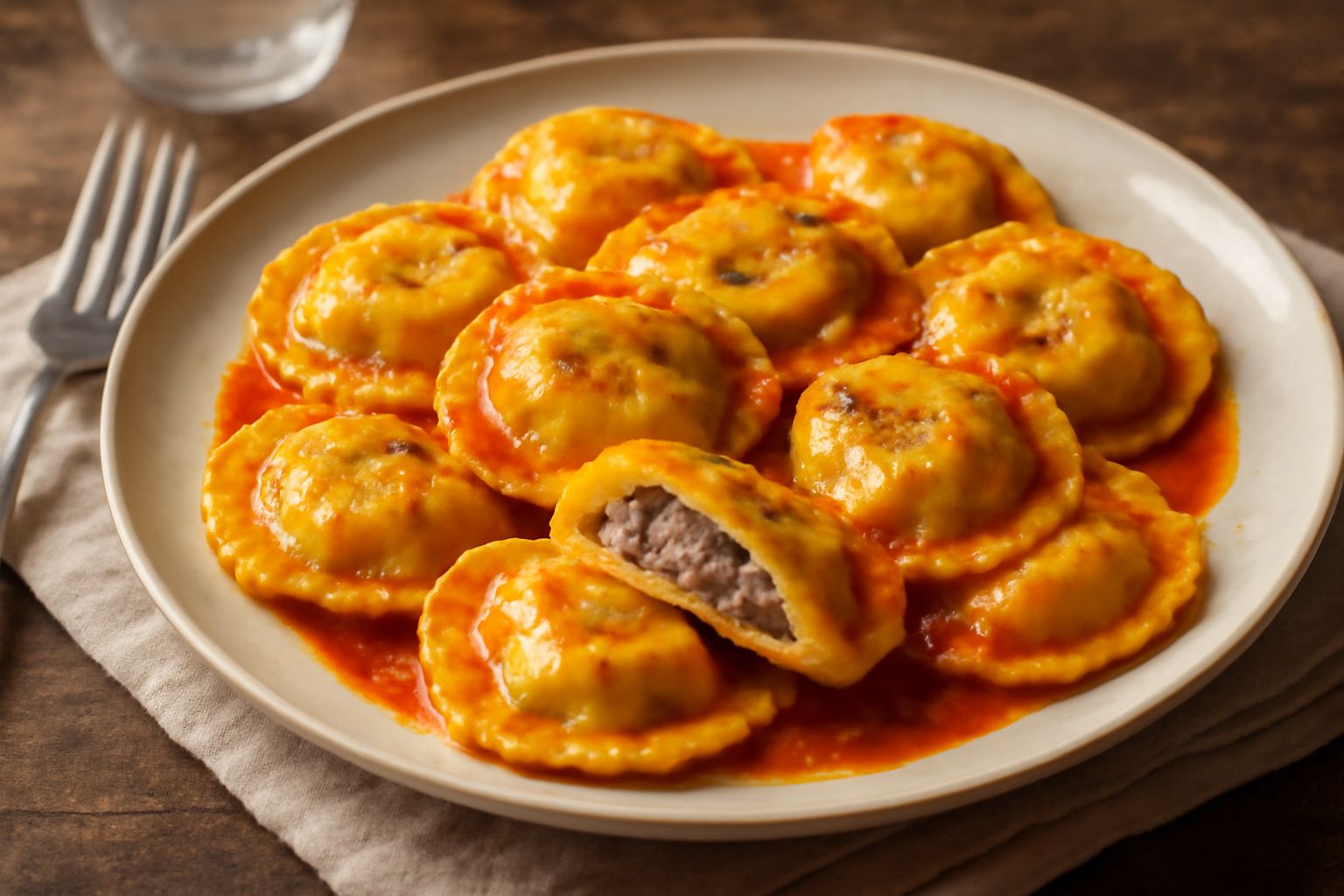 Piatto di tordelli di pasta giallo-dorata ripieni, cosparsi di ragù rosso-marrone e formaggio grattugiato, contorno di prezzemolo fresco verde, su piatto bianco