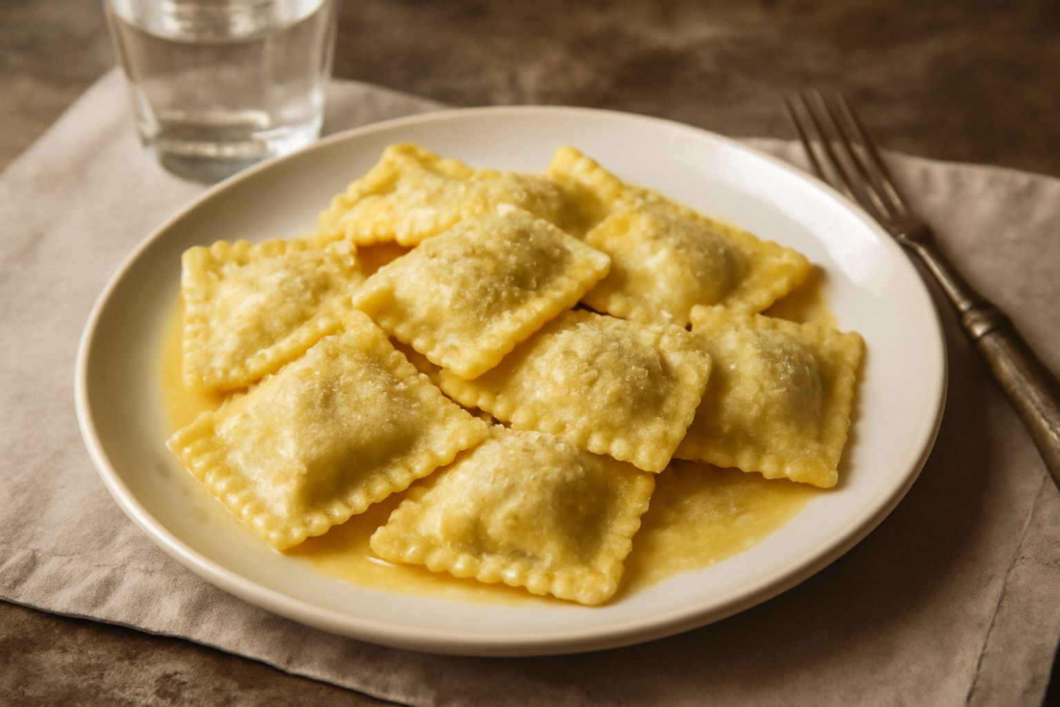Tordelli di magro in un piatto bianco, rettangolari e ben definiti, ricoperti di burro fuso e parmigiano grattugiato, con accanto qualche foglia di salvia fresca
