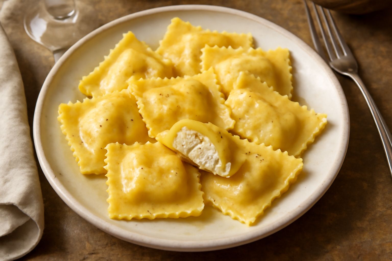 Tordelli di ricotta serviti in un piatto bianco, ricoperti di burro fuso e salvia fresca, con il ripieno cremoso visibile nel taglio, guarniti con parmigiano grattugiato e basilico