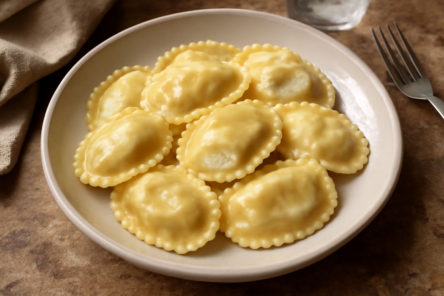 Tordelli di ricotta su un piatto bianco, coperti di zucchero a velo e burro fuso, con forma ovale e sfoglia leggermente trasparente, una mela fresca a lato e tovaglia bianca di lino