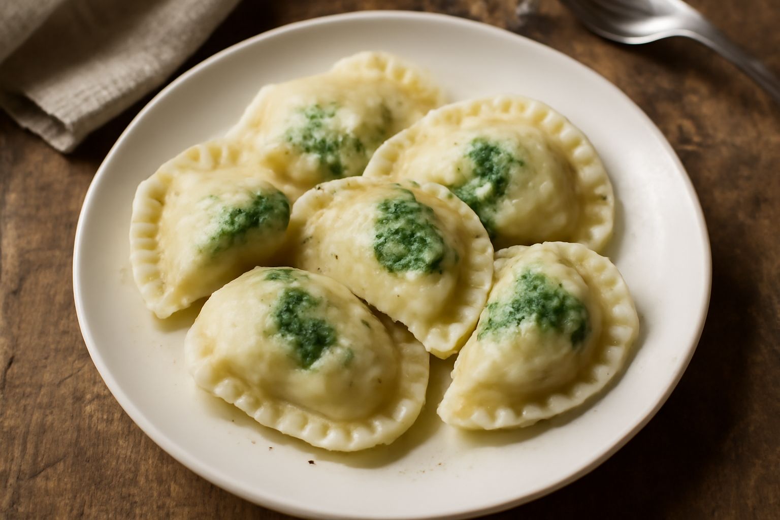 Tordelli di ricotta e spinaci bianchi e verdi, piegati a mezzaluna, in un piatto bianco con burro fuso lucido, grattugiata di parmigiano reggiano grattugiato e filo di prezzemolo fresco sopra