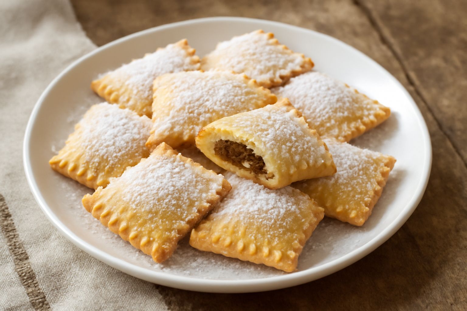 Tordelli dolci rettangolari con bordi sigillati e festonati, spolverati di zucchero a velo bianco, serviti su un piatto di porcellana bianca con una leggera ombra dai bordi della pasta sfoglia dorata