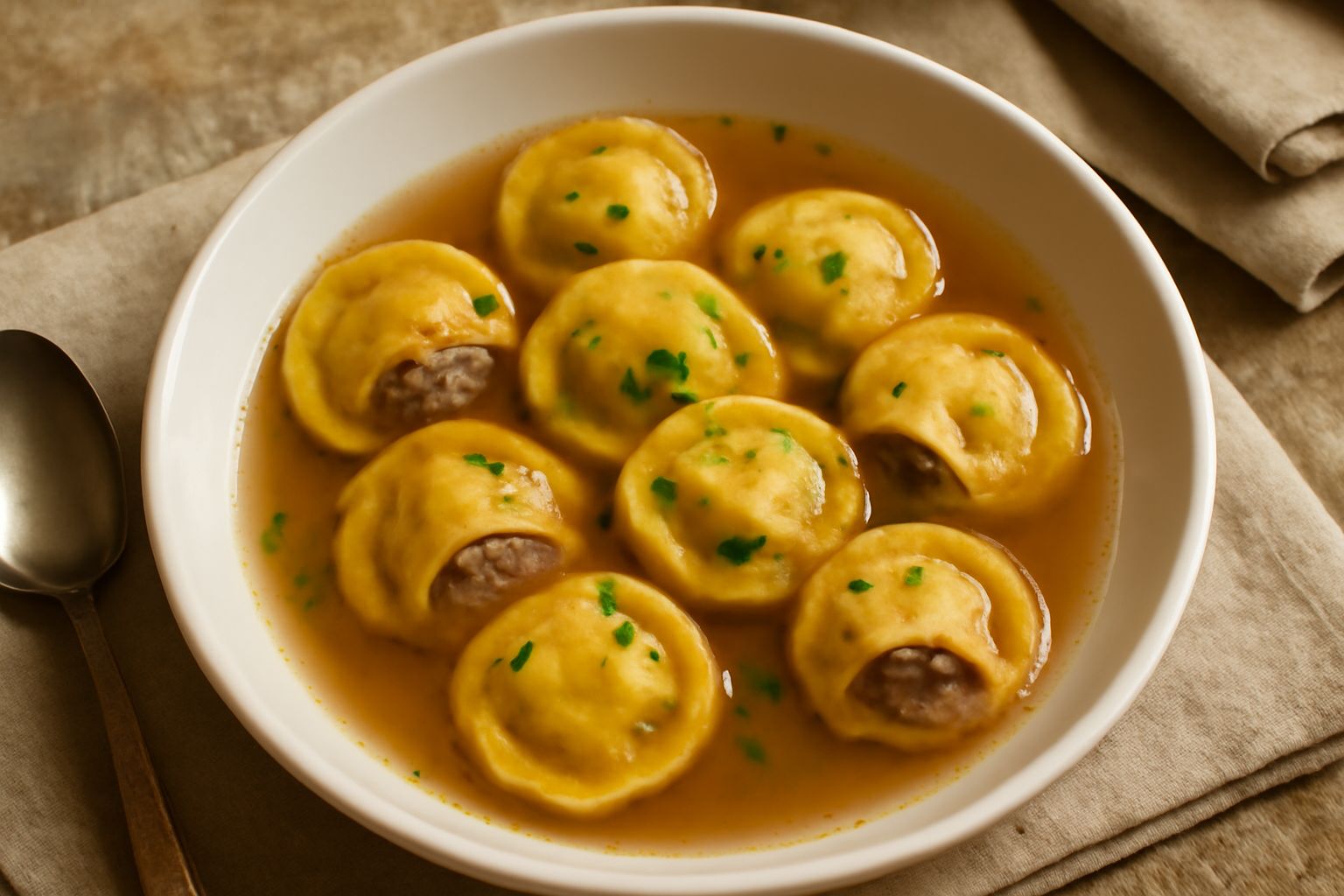 Piatto di porcellana bianca con tordelli rotondi in brodo trasparente, guarniti con parmigiano grattugiato e prezzemolo fresco, cucchiaio d'acciaio sul fianco destro