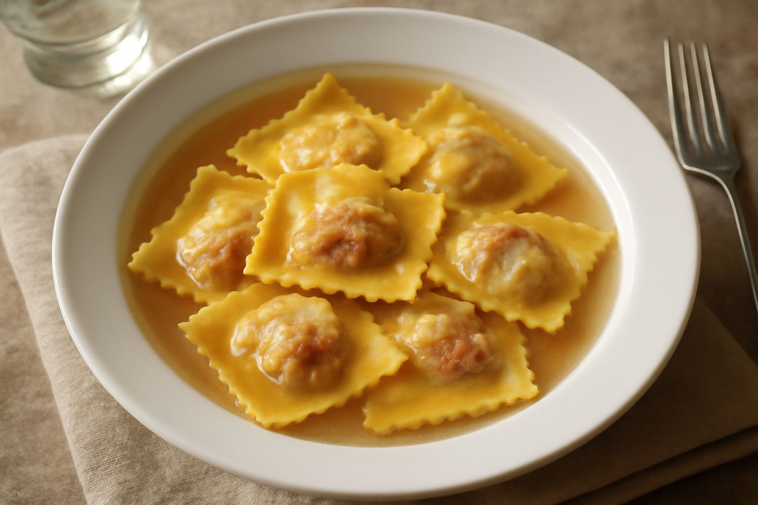 Tordelli lucchesi quadrati ripieni disposti in un piatto fondo bianco con brodo trasparente, spolverati di parmigiano grattugiato fresco, sfondo di una vecchia cucina in terracotta