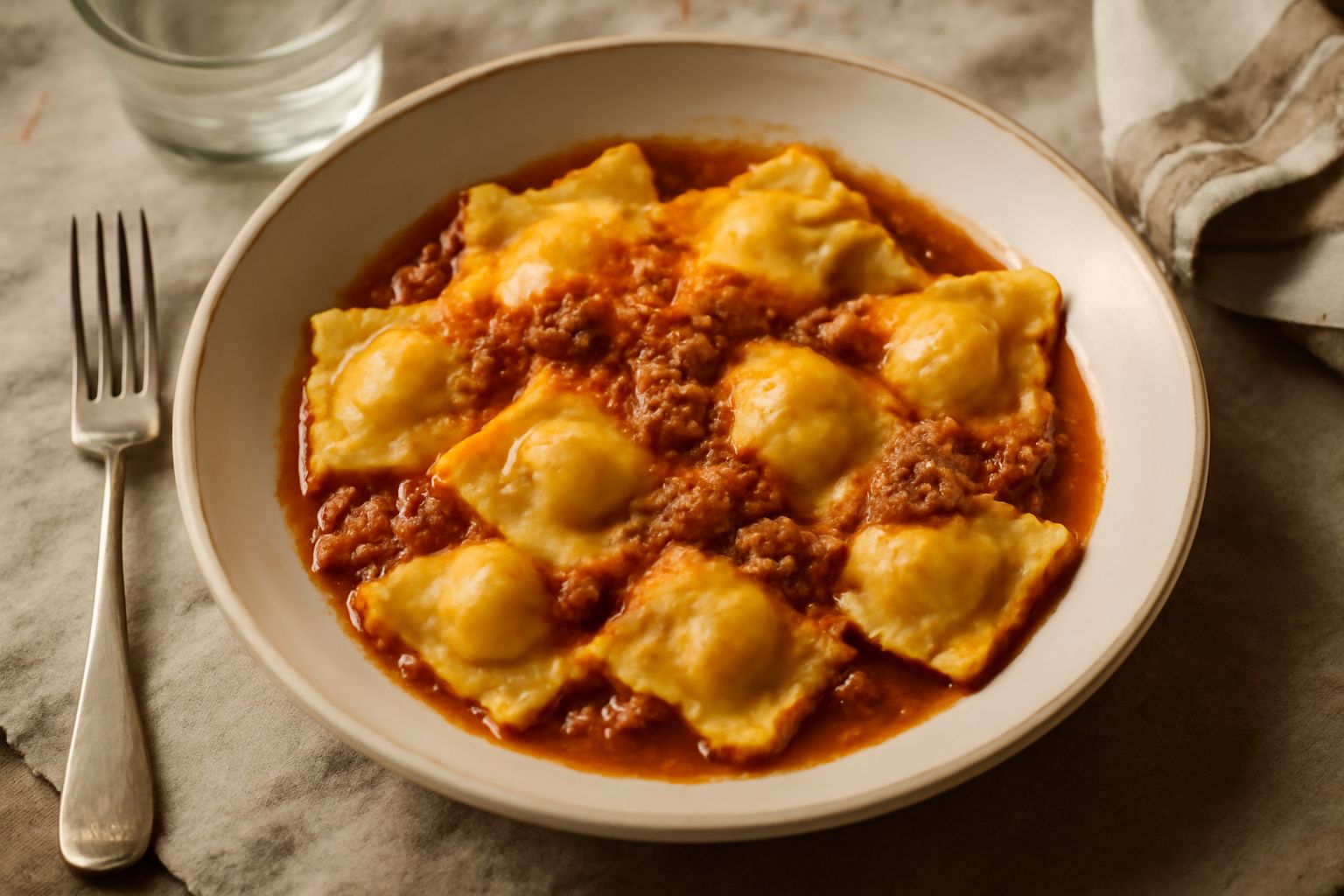 Tordelli maremmani cotti in un piatto di ceramica bianca, ricoperti di sugo di carne e formaggio grattugiato, contornati da foglie di salvia fresca