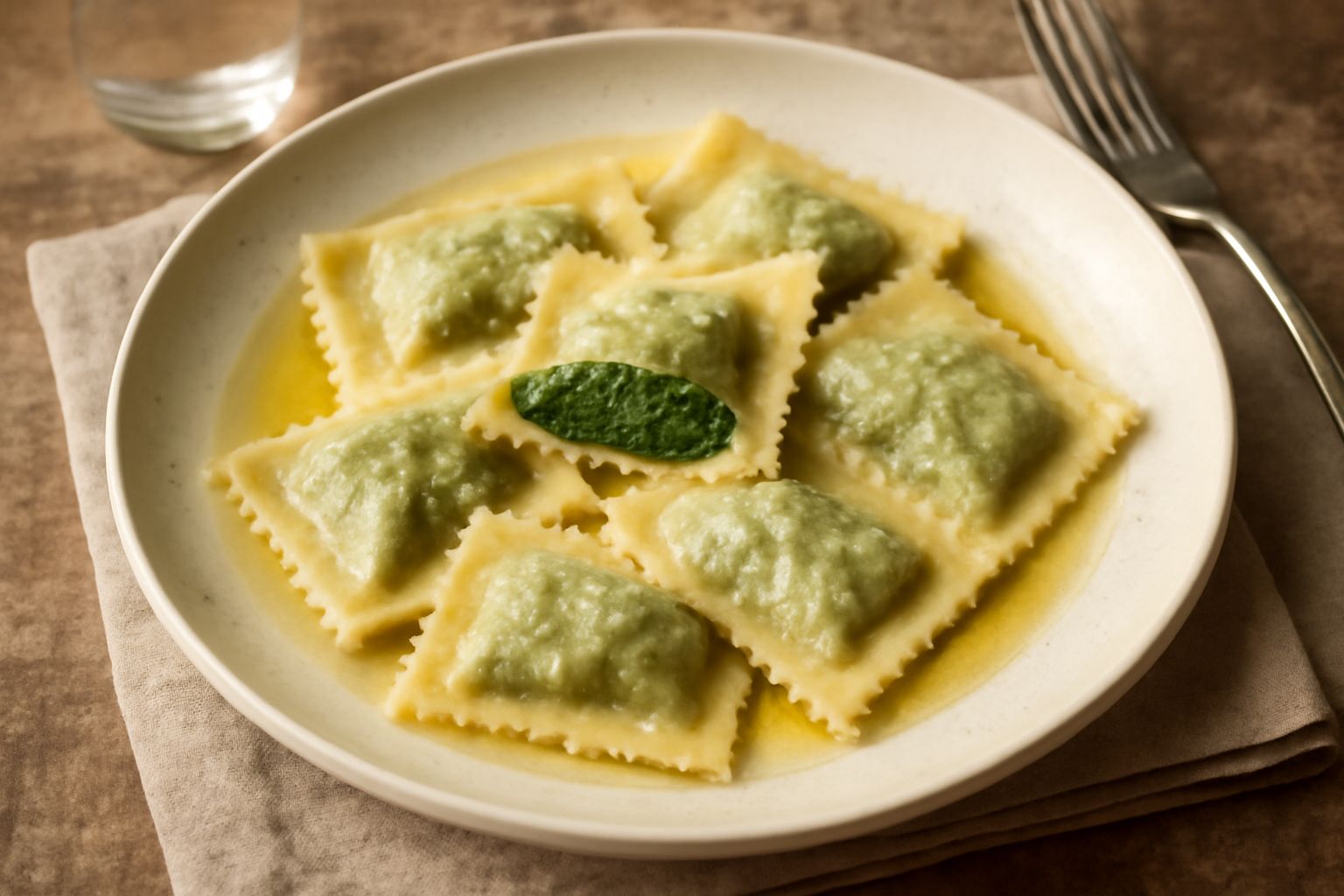 Tordelli verdi appena cotti nel piatto, pasta color crema contenente il ripieno verde, conditi con burro fuso e parmigiano grattugiato, guarniti con una fogliolina di salvia fresca