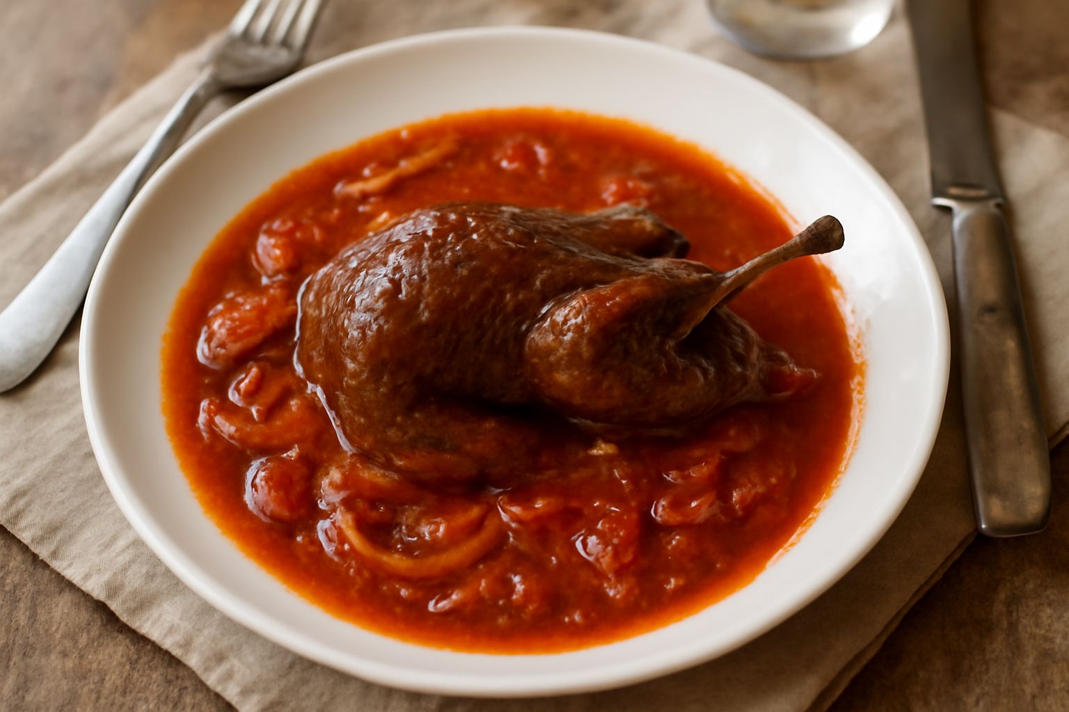 Piatto bianco con tordo intero in umido color marrone scuro immerso in sugo rosso con verdure, contornato da piccole cipolle e carote caramellate, erbe fresche sopra