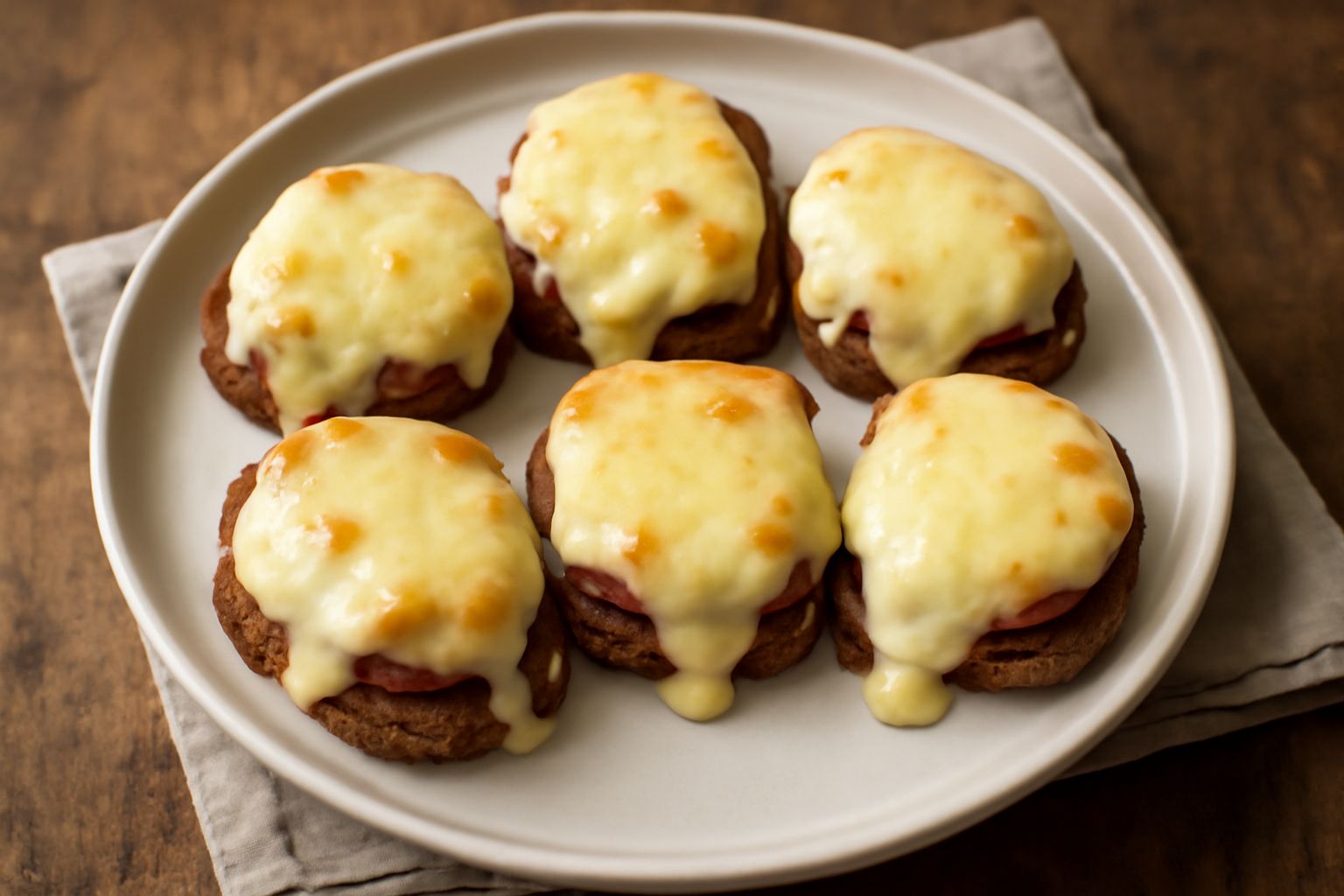 Piccoli bocconcini di pane scuro tostato ricoperti di formaggio filante fuso e sottili fette di salume rosso, disposti su un vassoio di legno con sfondo di tavolo rustico