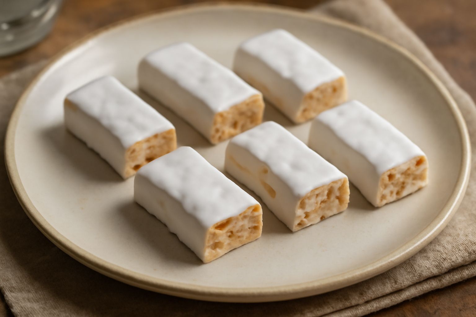 Torroncini sorrentini disposti su un piatto bianco: rettangoli piccoli di circa 4 centimetri, ricoperti di glassa bianca, con sezione che mostra mandorle intere e nougat crema all'interno