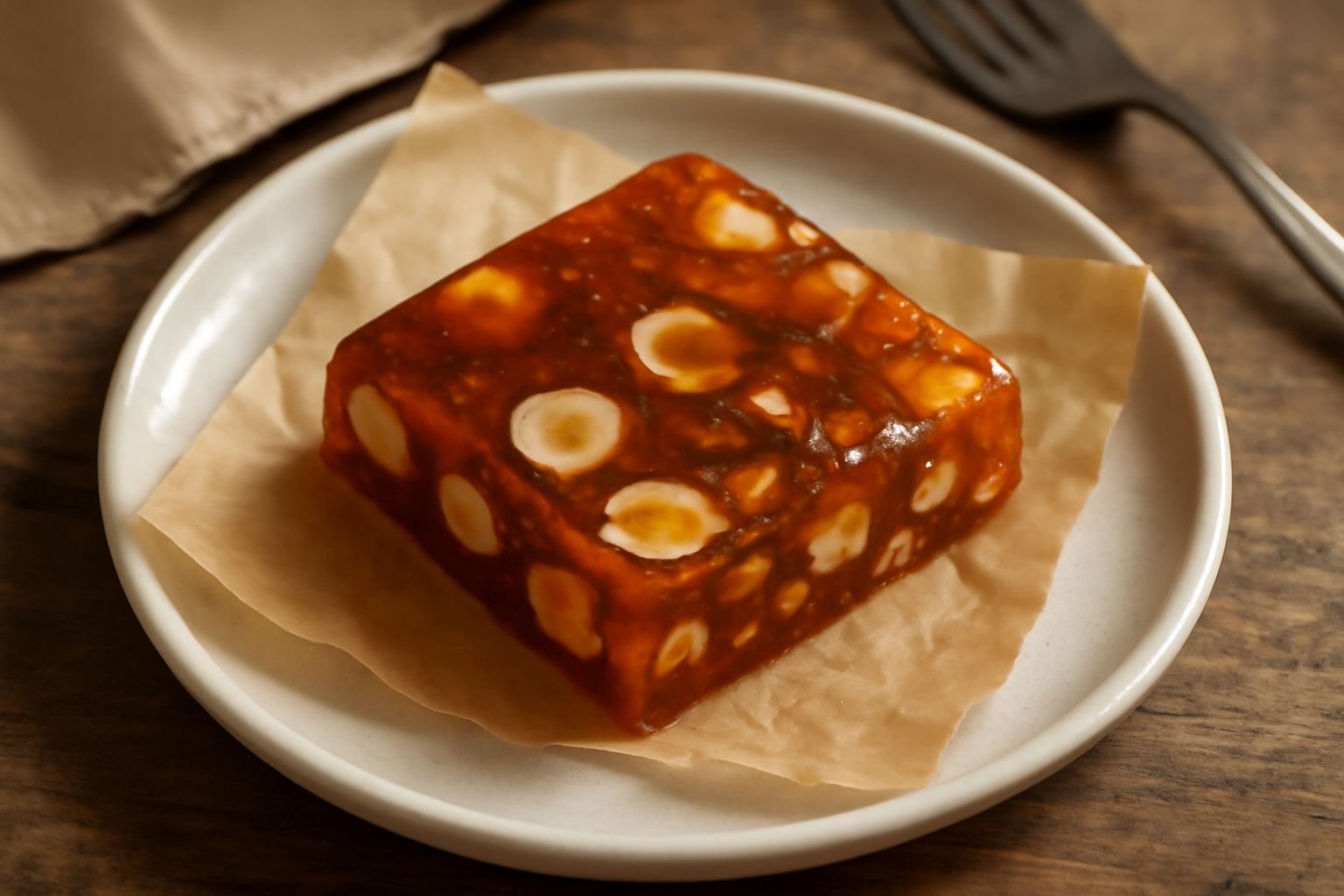 Torroncino tagliato a pezzi rettangolari, color ambra scuro, con visibili frammenti di nocciole e mandorle, adagiato su carta da forno bianca, sfondo grigio neutro.