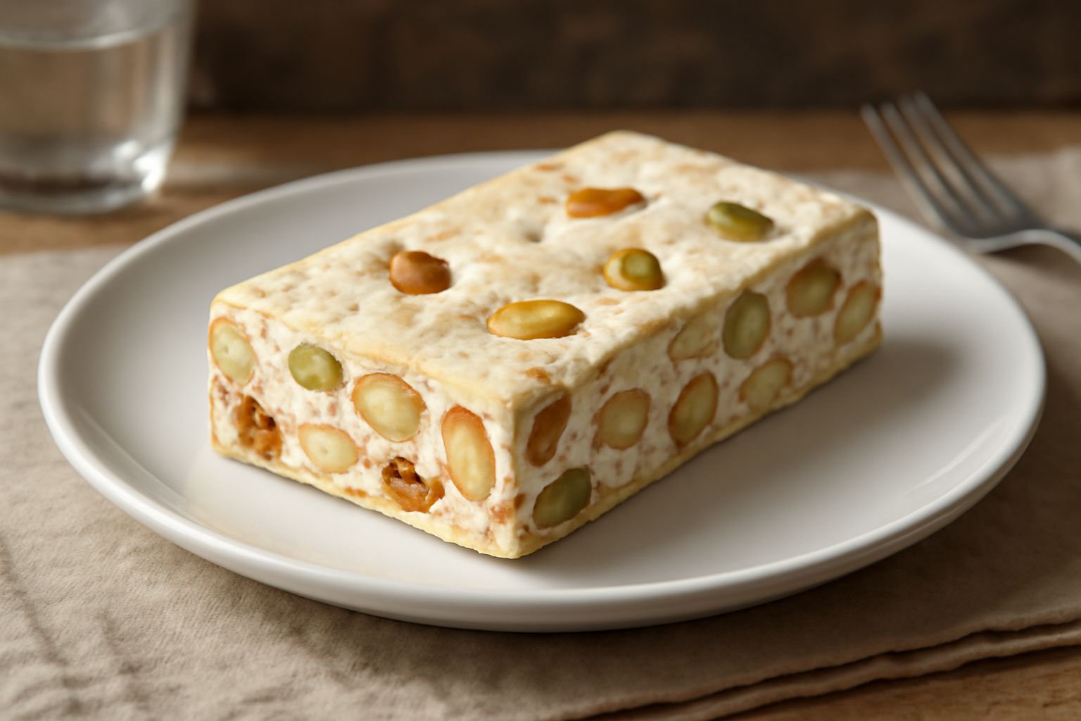 Torrone appena tagliato in rettangoli bianchi e dorati, ricoperto di frutta secca e semi, posizionato su una carta bianca con mandorle intere sparse accanto