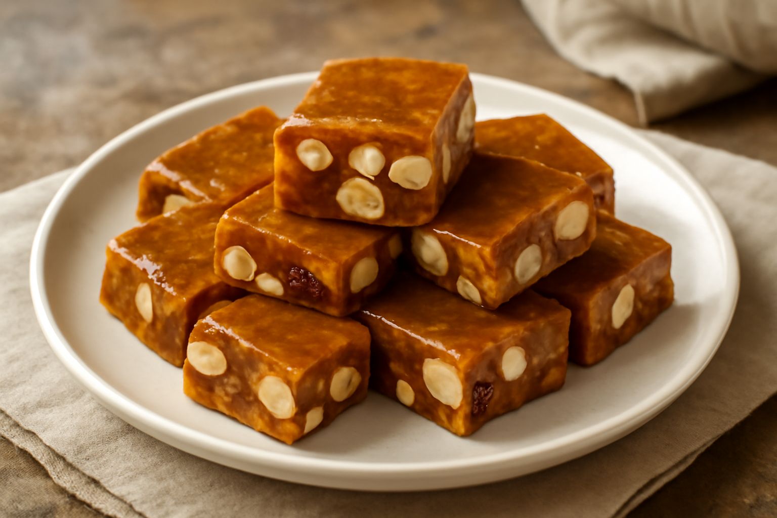 Torrone abruzzese tagliato a pezzi rettangolari, colore dorato uniforme, mandorle e nocciole visibili nella pasta, disposto su carta pergamena bianca