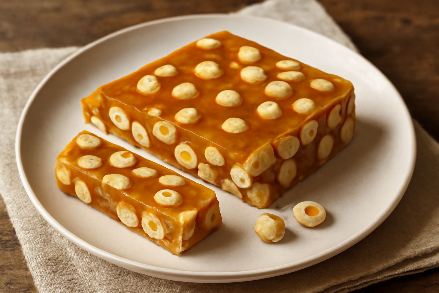 Torrone alle nocciole dorato tagliato a pezzi su una superficie bianca, mostra nocciole caramellate intere, pasta di mandorla e albume montato visibile nella frattura croccante