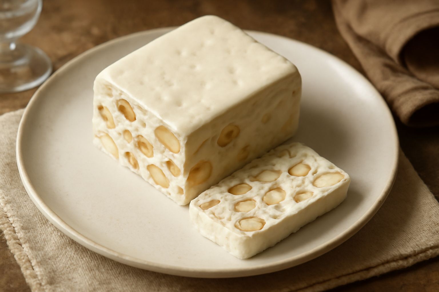 Torrone ascolano affettato in rettangoli bianchi e avorio, con mandorle intere visibili sulla superficie, su carta da forno beige con una mandorla isolata accanto