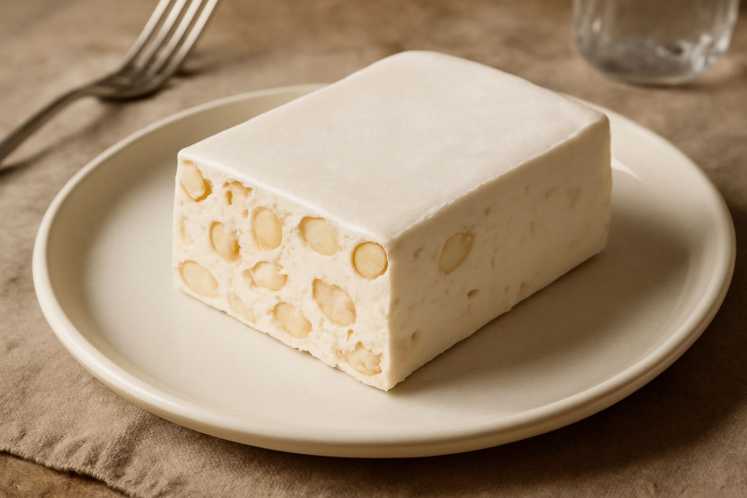 Torrone bianco affettato che mostra il cuore morbido color avorio con mandorle intere visibili, superfici coperte di carta di riso, accanto a mandorle sgusciate crude su un piano di lavoro in marmo