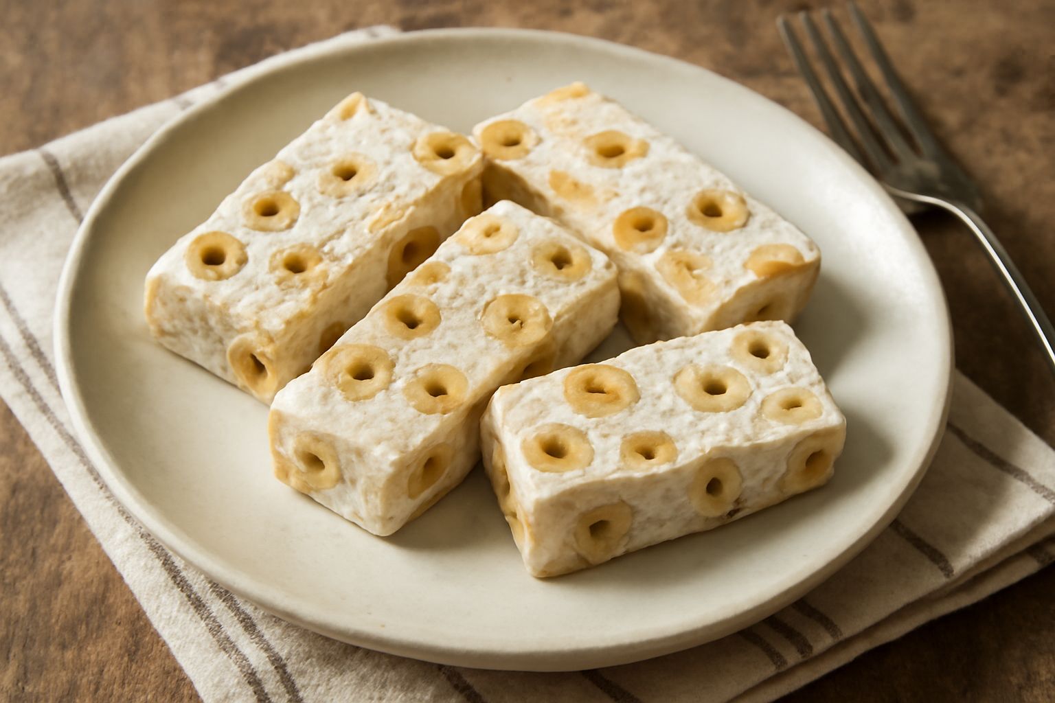 Torrone calabrese tagliato a rettangoli color avorio e nocciola dorato su carta da forno bianca, superficie croccante e porosa, sfondo neutro in legno chiaro