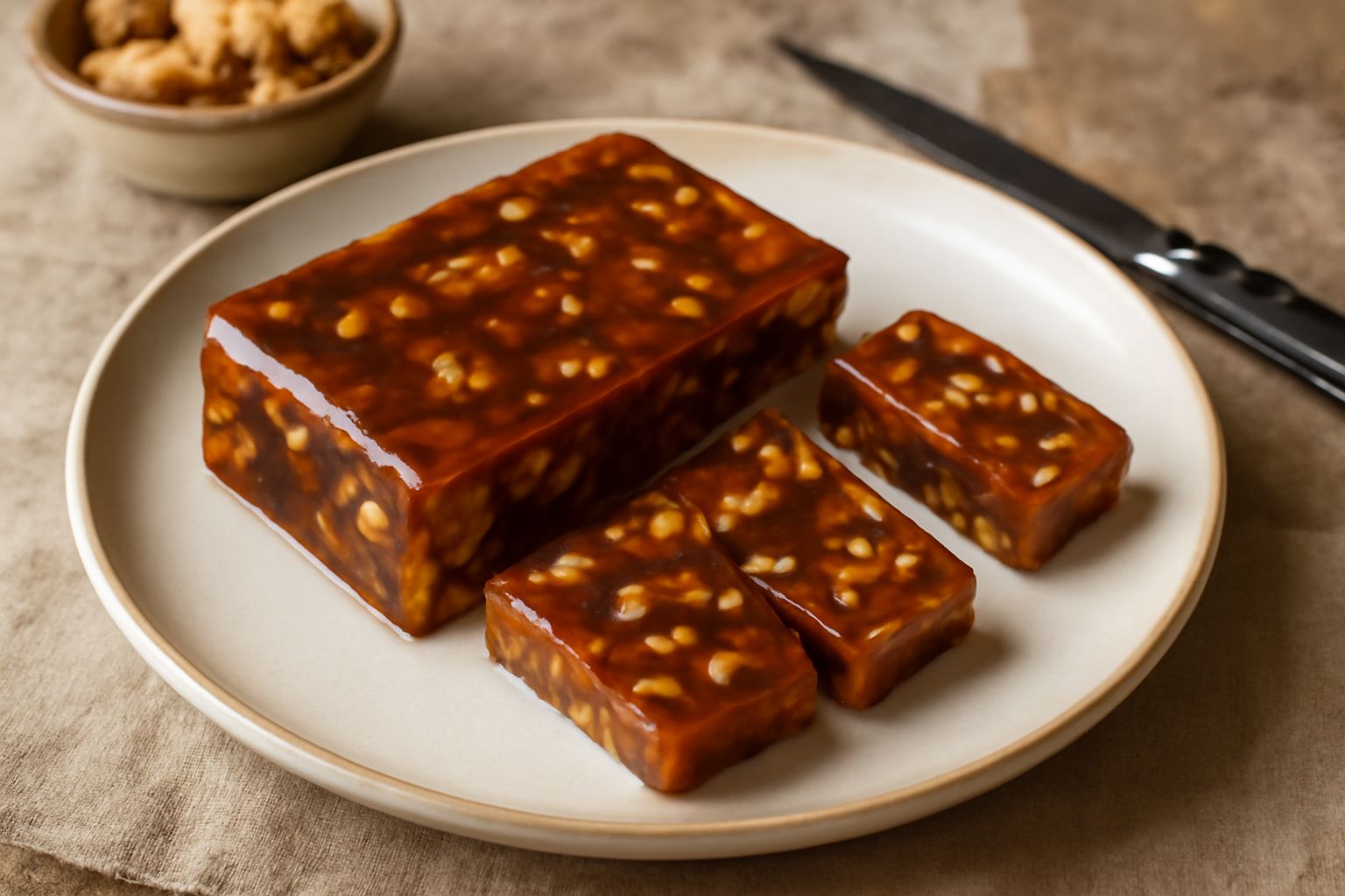 Torrone con noci tagliato in quadrati uniformi, color ambra scuro con frammenti di noci visibili sulla superficie, appoggiato su carta da forno, illuminazione calda.
