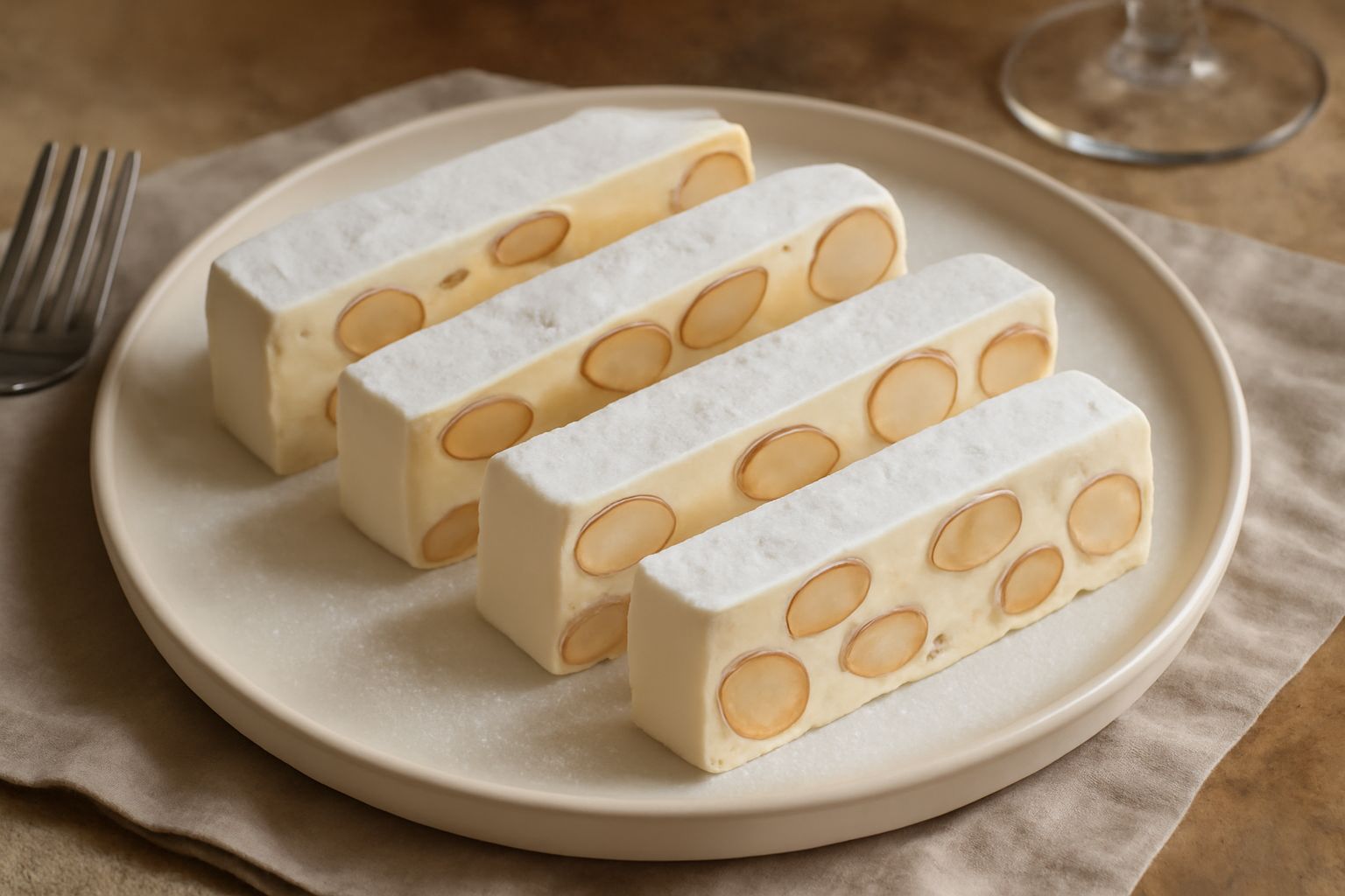 Fette di torrone di Alba color avorio con mandorle intere ben visibili, dal taglio netto e liscio, posate su carta bianca con cristalli di zucchero sparsi intorno