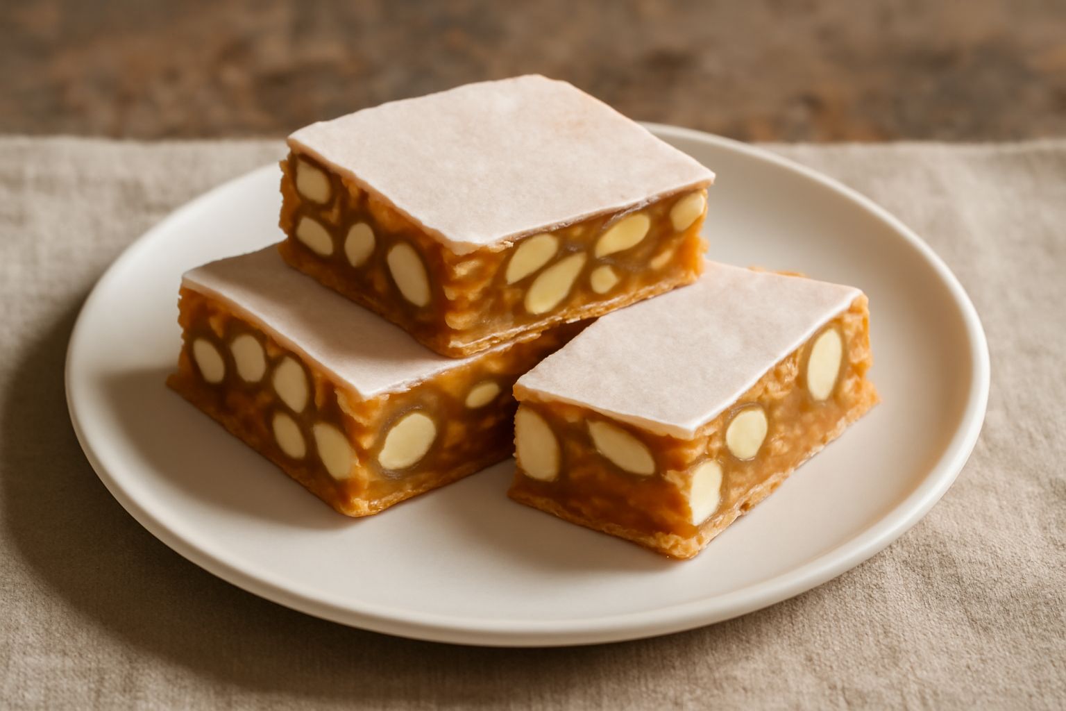 Torrone di Altamura tagliato in pezzi quadrati color ambra e bianco, disposto su carta bianca, con mandorle intere visibili in sezione trasversale e wafer friabile ai bordi