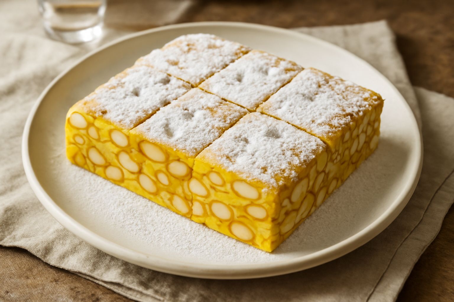 Torrone di Benevento tagliato in rettangoli beige e dorati, con mandorle intere visibili sulla superficie, spolverato di zucchero bianco, disposto su carta da forno su un tavolo di legno chiaro