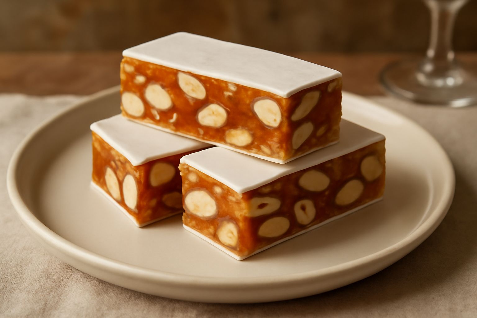 Torrone di Cremona tagliato in rettangoli dorati e croccanti su un tagliere di legno, rivestito di ostie, circondato da mandorle intere sgusciate