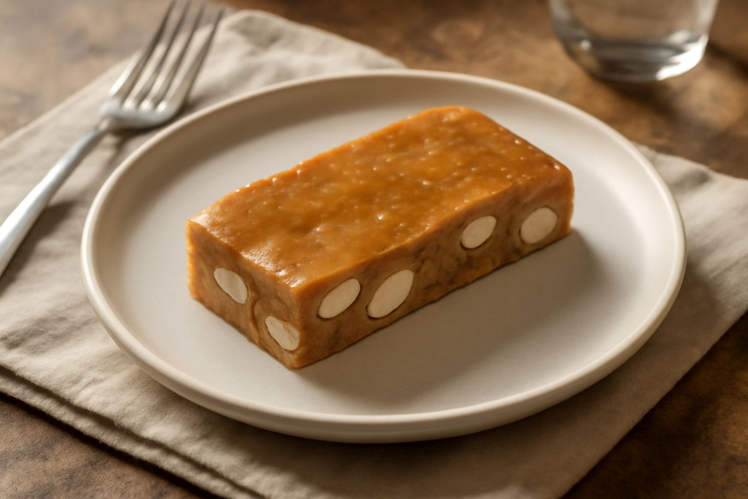 Torrone di Crotone tagliato a rettangoli su carta bianca, superficie dorata e lucida con granuli di miele visibili, mandorle intere sparse sulla carta accanto ai pezzi