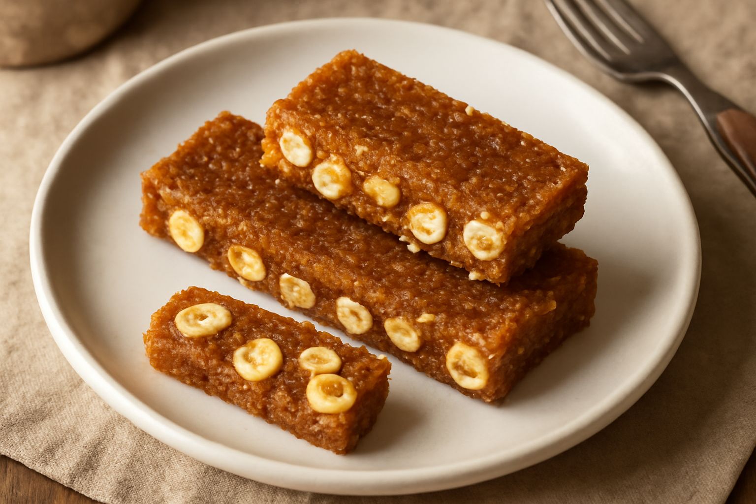 Fetta di torrone di Modica con superficie granulosa e friabile, colore ambrato dorato, nocciole visibili nella pasta, taglio netto e spigoli regolari su fondo bianco