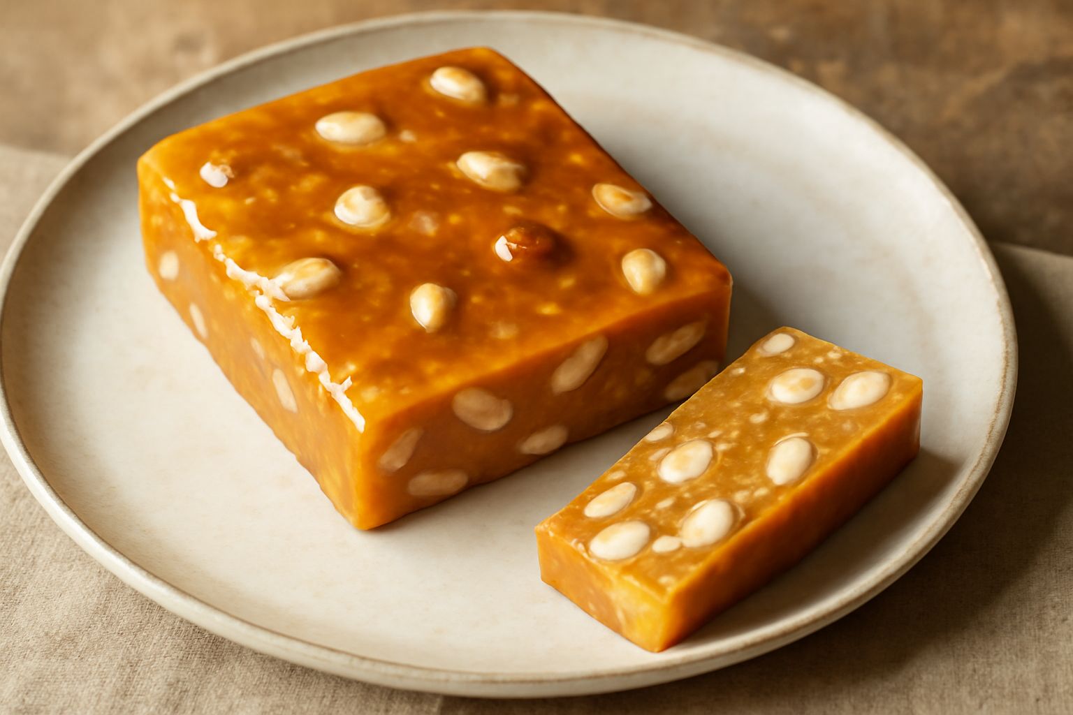 Torrone di Pescara tagliato in rettangoli regolari, con superficie dorata e brillante, mandorle e nocciole ben visibili nella pasta croccante, disposto su un foglio di carta oleata bianca