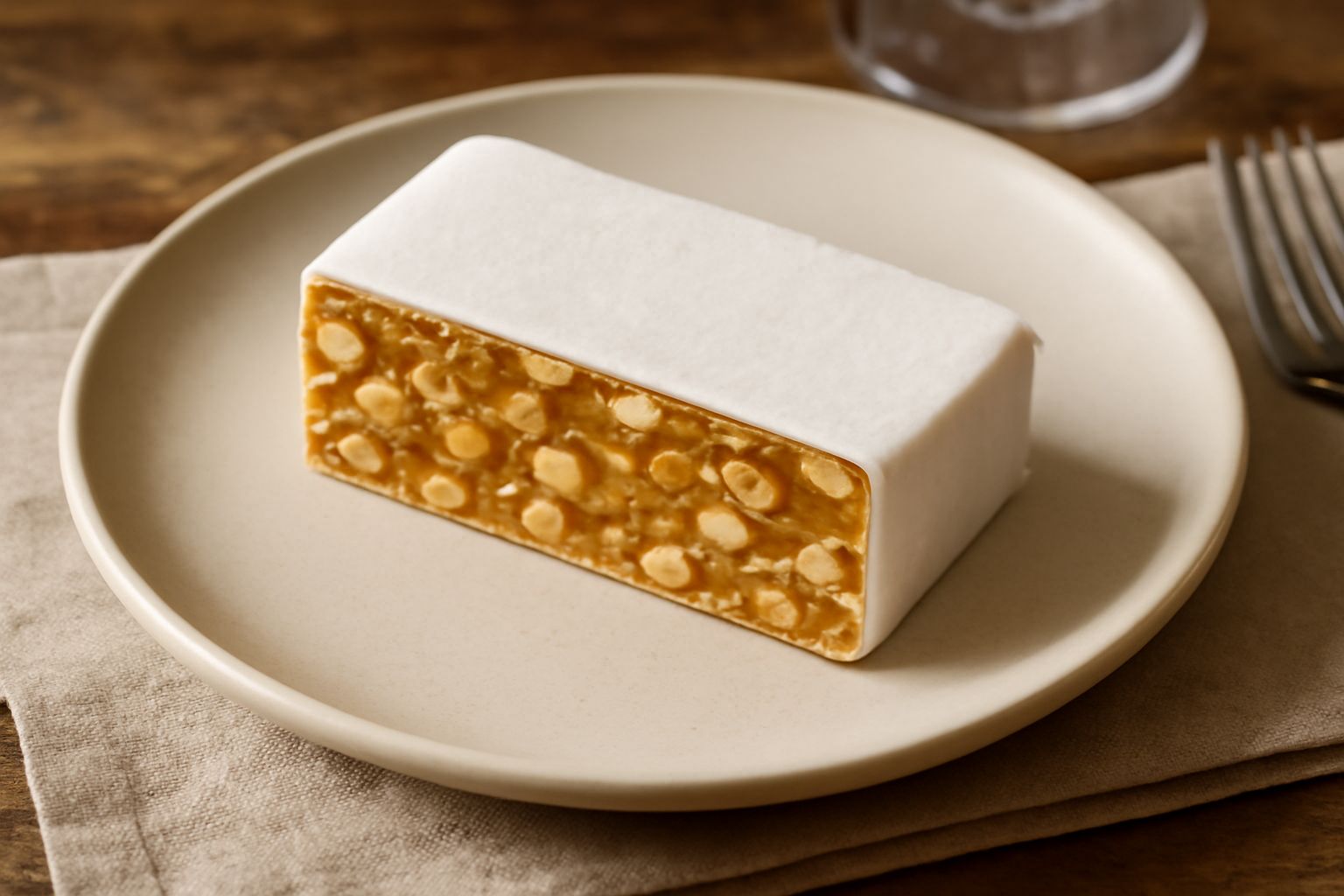 Torrone di Salerno tagliato a quadratini su un piatto bianco, con mandorle visibili nella pasta dorata, ricoperto di ostia bianca sui lati, sfondo grigio scuro