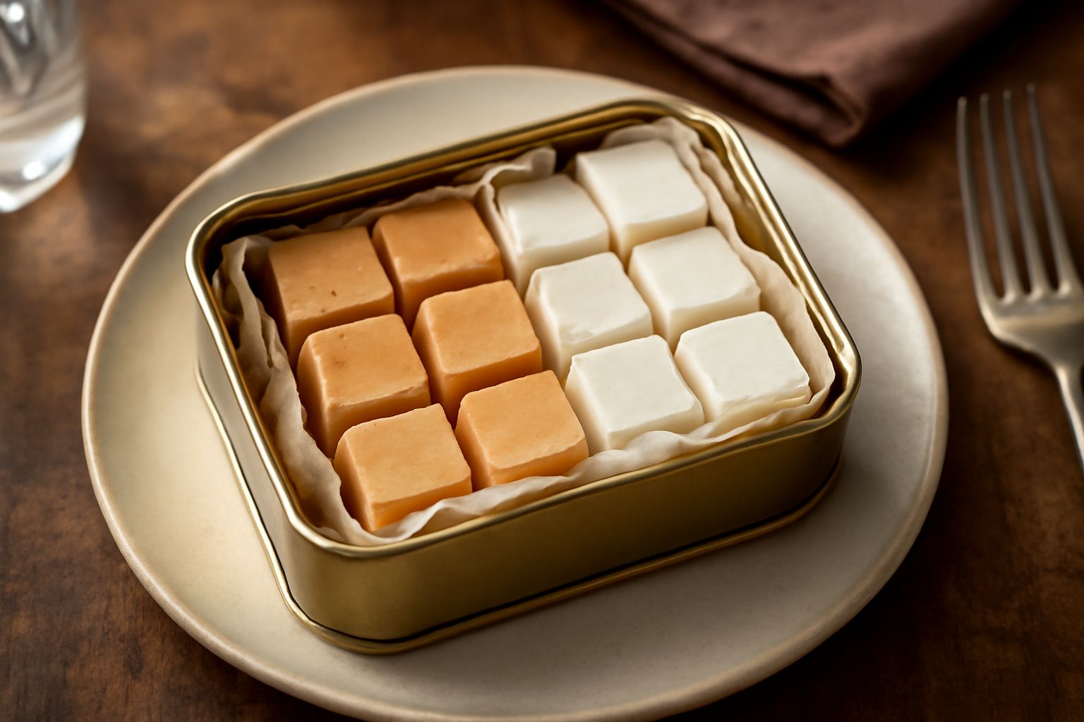 Barattoli di vetro con torrone affettato in cubetti o listelle, metà coperto da carta pergamena, disposto su un tavolo di legno naturale con una tazza di caffè a lato