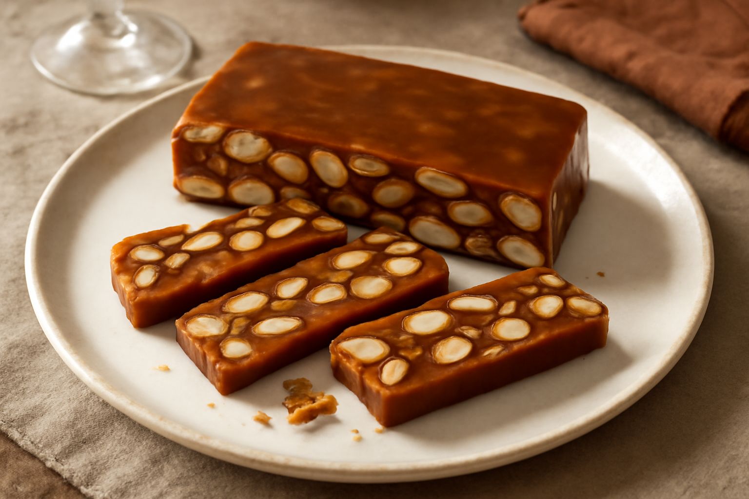 Fette di torrone mandorlato dorato con mandorle intere visibili, tagliate in rettangoli su un foglio di carta bianca, superficie lucida e frattura croccante ben visibile