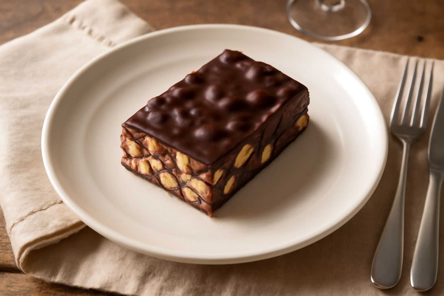 Fette di torrone modelese color avorio con nocciole intere visibili, tagliate su un vassoio di carta bianca, sfondo neutro