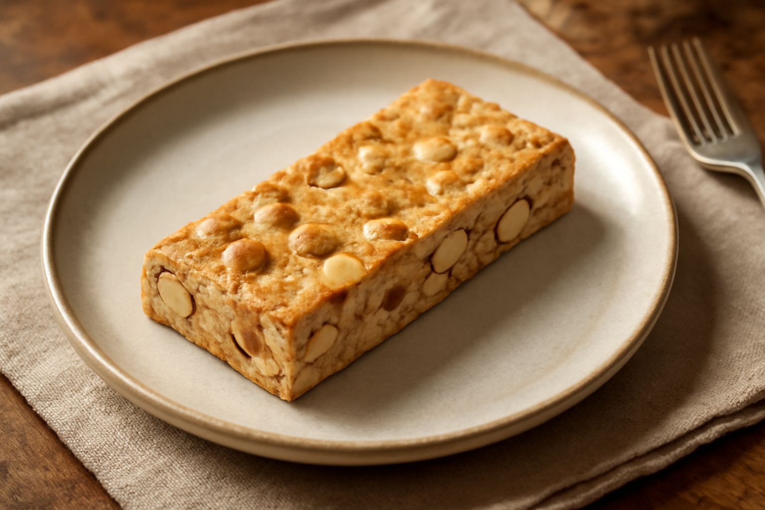 Fette di torrone molisano beige e marrone, tagliate nettamente, con nocciole e mandorle visibili sulla superficie, appoggiate su carta alimentare bianca, sfondo neutro