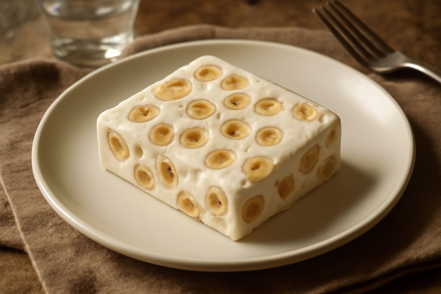 Torrone morbido bianco e cremoso tagliato a rettangoli uniformi, disposto su carta bianca, con nocciole tostate visibili nella pasta, illuminazione naturale, texture soffice e compatta