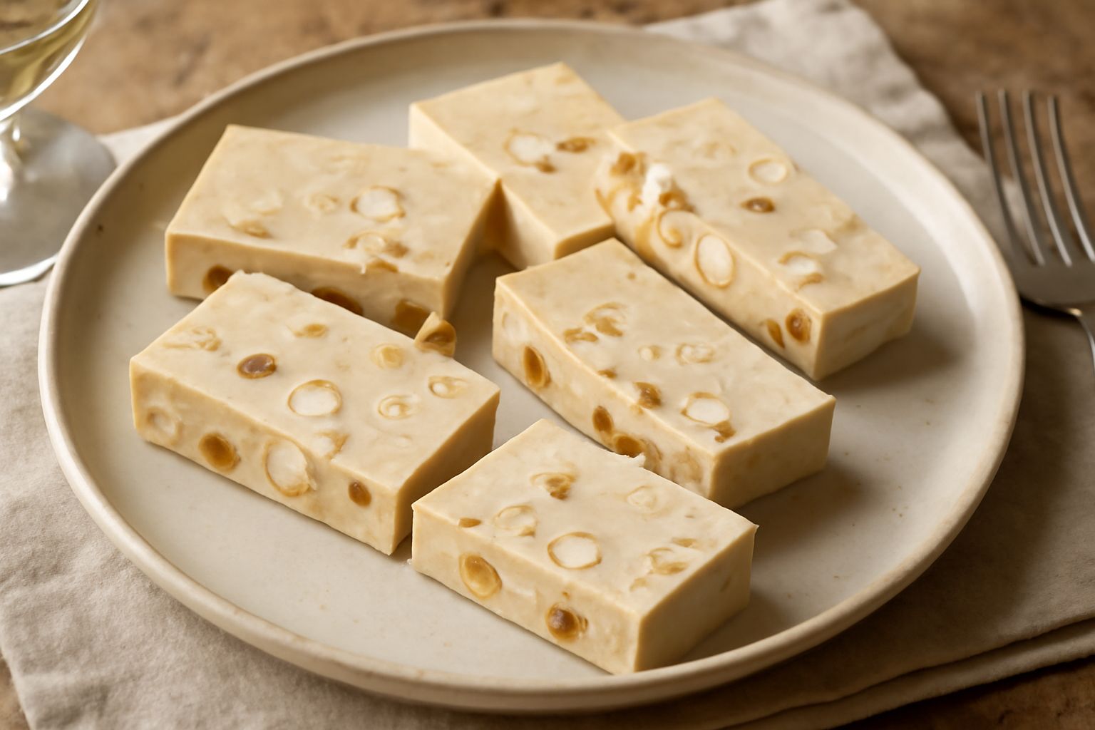 Torrone morbido calabrese tagliato a fette su piatto bianco, pasta color avorio con nocciole intere visibili, consistenza compatta e cremosa, accanto due mandorle