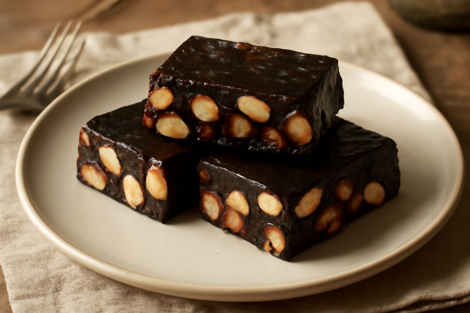 Fetta di torrone nero appena tagliato, color cioccolato scuro, con mandorle intere visibili nella sezione trasversale, appoggiata su carta bianca da forno con altri pezzi sfocati sullo sfondo